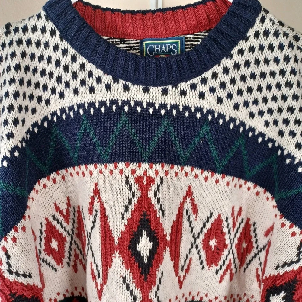 Chaps Ralph Lauren Vintage Grandpa Heavy Knit Sweater Retro Argyle‎ Holiday XL